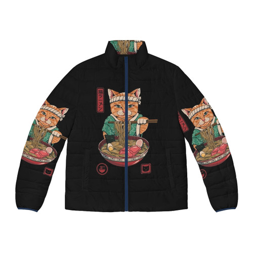 Neko Ramen Puffer Jacket featuring a ramen bowl design and cute cat print