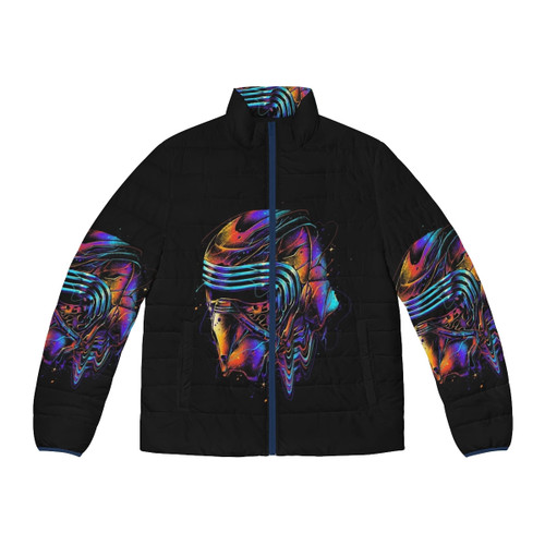 Colorful puffer jacket with abstract geometric tiles pattern inspired by Azul board game