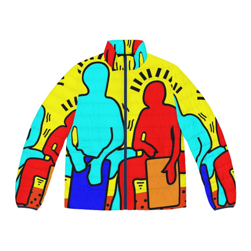 Colorful puffer jacket featuring a pop art design of drummers and percussion instruments