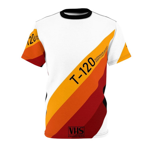 A vibrant, retro-inspired t-shirt featuring a digitally printed VHS cassette tape design in a vaporwave style.