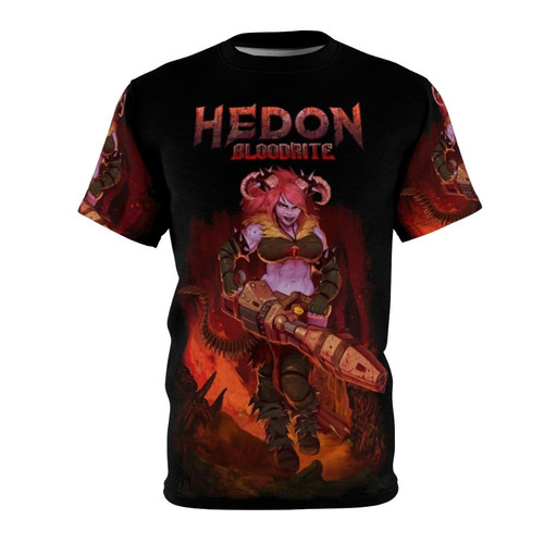 T-shirt featuring a fantasy character with demon horns and a splash art design