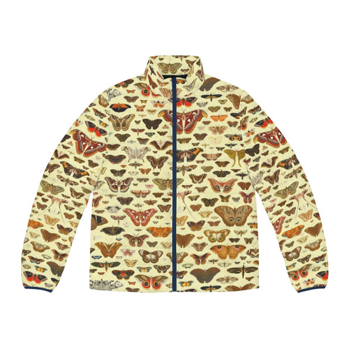 Vintage puffer jacket with a collage of butterflies and moths