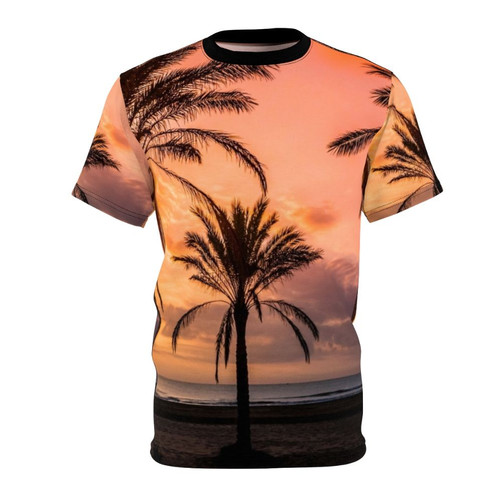 Illustration of the sun rising over a beach with palm trees in the foreground.