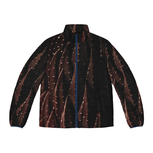 Coffee brown puffer jacket with cactus print design