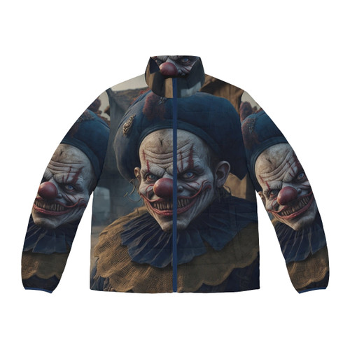 Clown puffer jacket with a sinister, creepy design