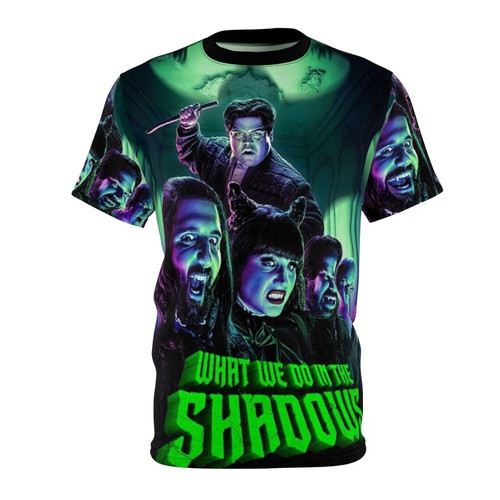 A high-quality all-over print t-shirt featuring a stylish design inspired by the hit TV show "What We Do in the Shadows" and the fictional Staten Island vampire gang.