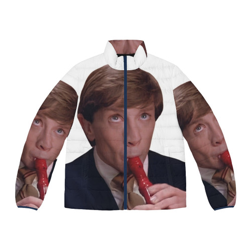 Clifford the Big Red Dog wearing a puffer jacket in a retro 90s style