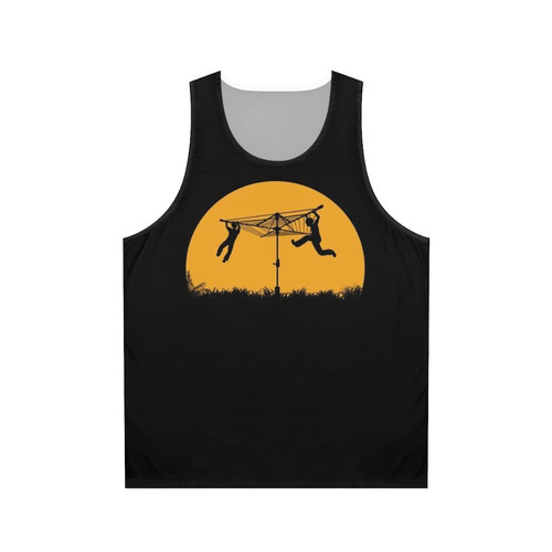 Unisex tank top with sunset silhouette graphic design