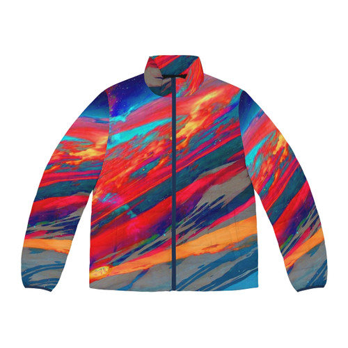 Vibrant and ethereal nebula-inspired puffer jacket with a cosmic, celestial design
