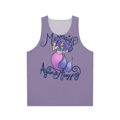 Feminist mermaid unisex tank top with "Mermaids Against Misogyny" design