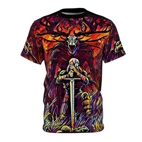 Fantasy artwork featuring characters and quotes from The Witcher on a high-quality AOP t-shirt