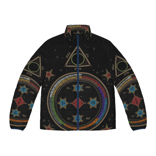 Puffer jacket with occult Goetia triangle and circle design