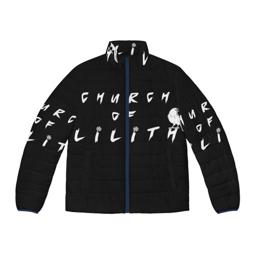 White puffer jacket with Church of Lilith typography design