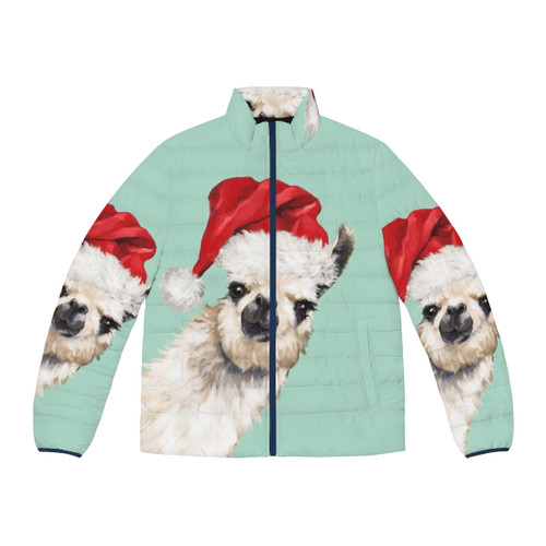 A cute and adorable Christmas llama wearing a green puffer jacket