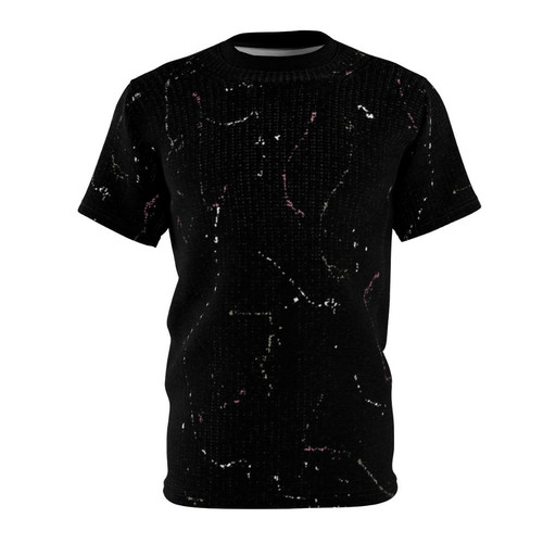 Abstract paint splatter design on a gray t-shirt, inspired by the 12th Doctor from Doctor Who.