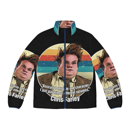 Chris Farley wearing a color puffer jacket with the text "I Only Play One Character"