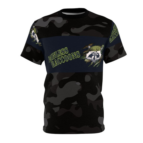 Funny graphic tee featuring a design of painless raccoons running