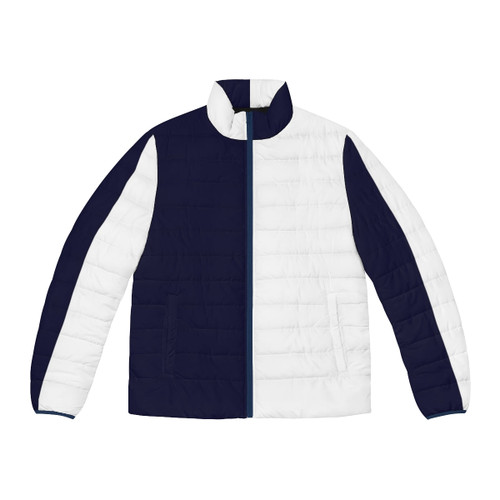 Navy blue and white half and half puffer jacket with nautical stripes