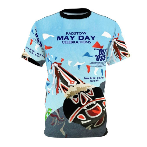 A colorful t-shirt featuring the iconic Padstow May Day Oss, a traditional hobby horse used in the lively Cornish celebrations.