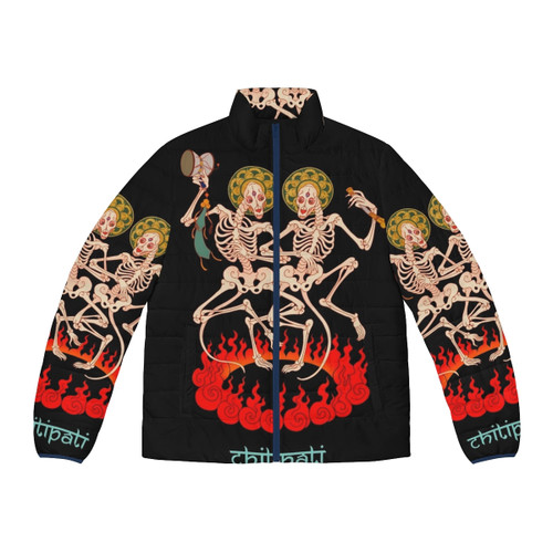 Tibetan Chitipati puffer jacket with dancing skeletons and fire