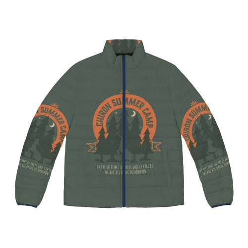 Chiron's Summer Camp Puffer Jacket featuring the emblem of the centaur from 'The Song of Achilles'
