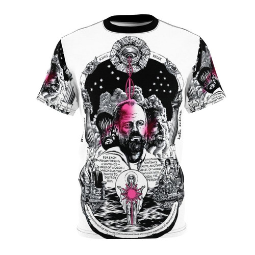 Artistic science fiction t-shirt featuring hand-drawn designs inspired by the works of Philip K. Dick and his novel VALIS.