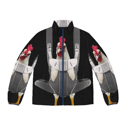 Chicken wearing a puffer jacket in a baby carrier on a farm