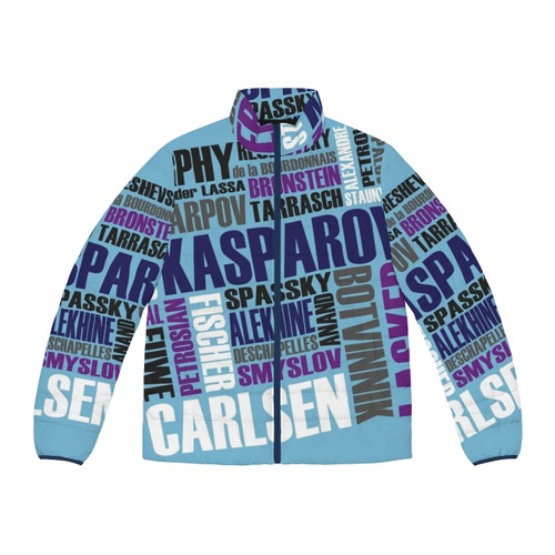 Chess Champs Puffer Jacket featuring champions like Garry Kasparov and Magnus Carlsen