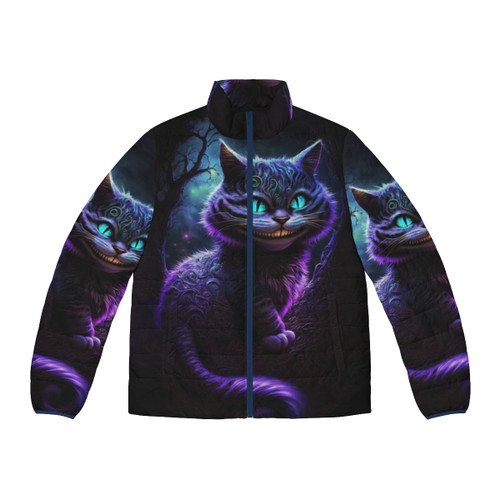 Cheshire Cat Puffer Jacket featuring an abstract, colorful design inspired by Alice in Wonderland