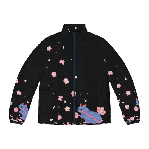Soft, cozy puffer jacket with a beautiful cherry blossom and sea slug design