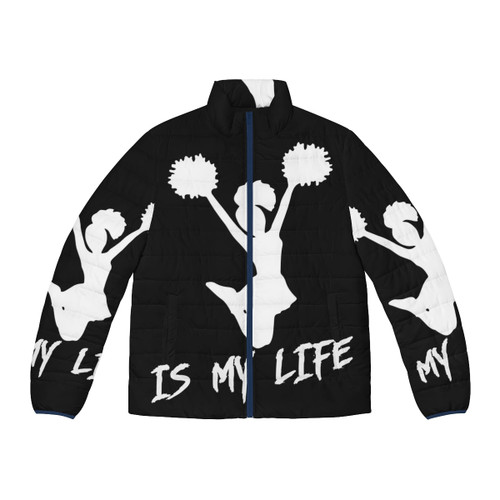 Cheerleading puffer jacket in vibrant colors with cheerleading graphic design