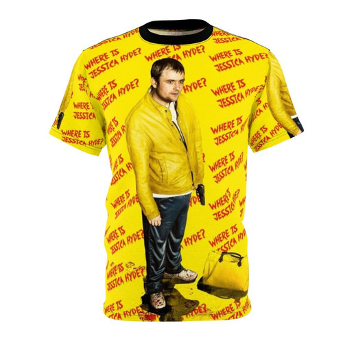 Utopia-inspired graphic t-shirt design featuring characters and imagery from the critically acclaimed British TV thriller series