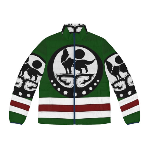 Chechen flag puffer jacket with wolf, stars, and moon design