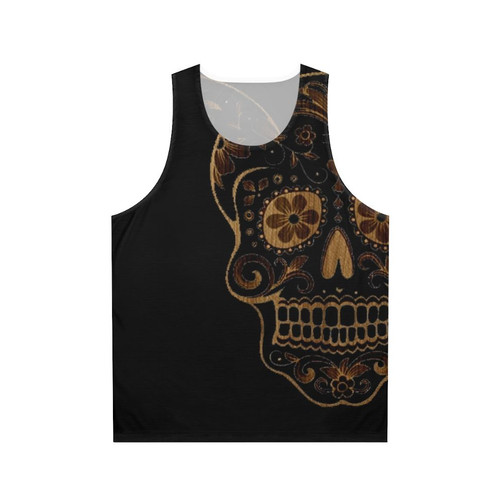 Unisex tank top with a skull and wood print design