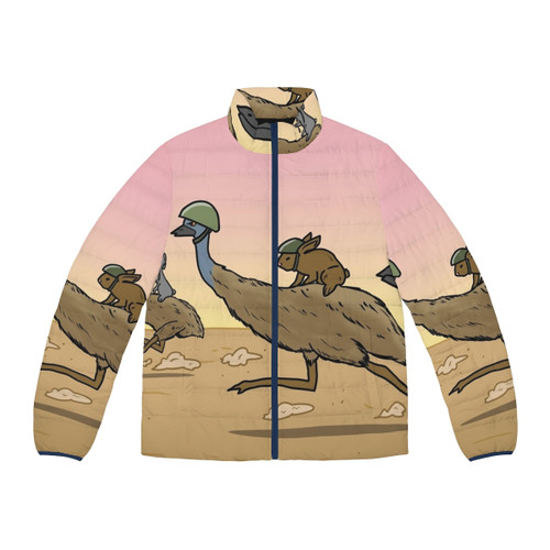A green puffer jacket with a robotic charging port, surrounded by a lush forest