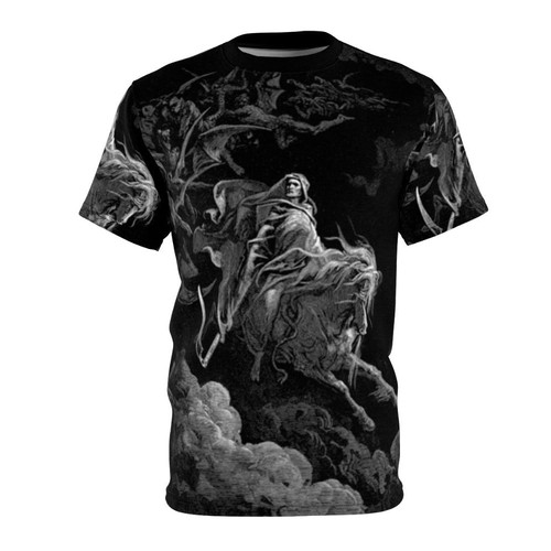 Monochrome t-shirt featuring the artwork "Death on the Pale Horse" by Gustave Dore