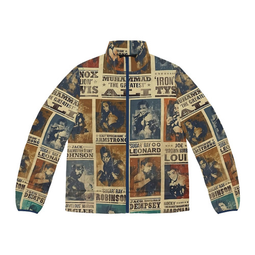 Vintage boxing poster puffer jacket with retro champion design