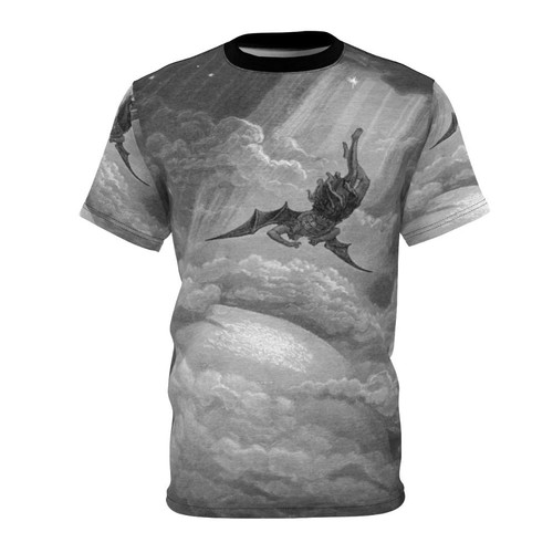 T-shirt featuring the dramatic Gothic art illustration of Satan's fall from heaven by Gustave Doré
