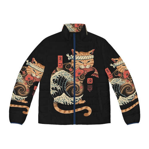 Catana Wave Puffer Jacket featuring a cat-inspired design inspired by the iconic Great Wave off Kanagawa