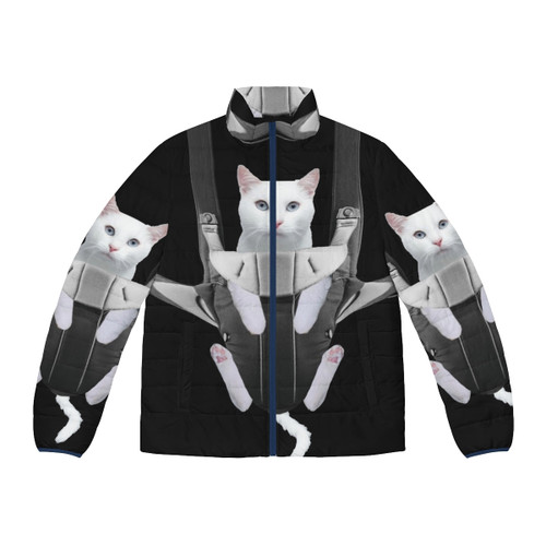 A tabby cat snuggled in a baby carrier puffer jacket