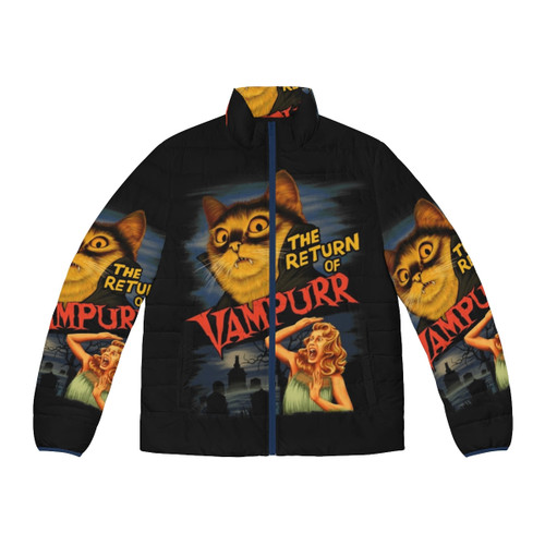 A cozy puffer jacket featuring a playful vampire cat design, perfect for cat lovers