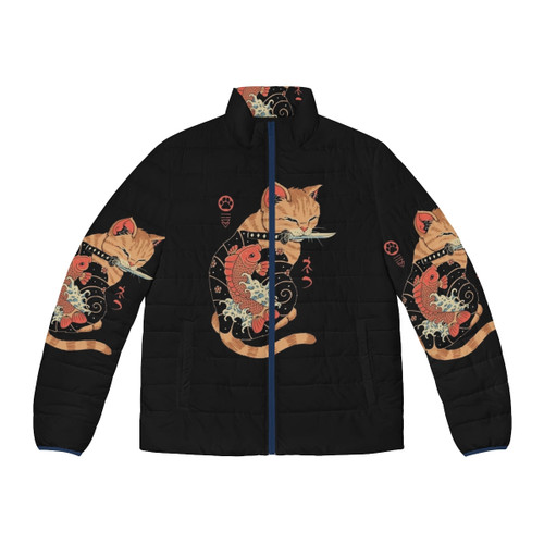 Carp tattooed cat puffer jacket with Japanese anime and retro inspired design
