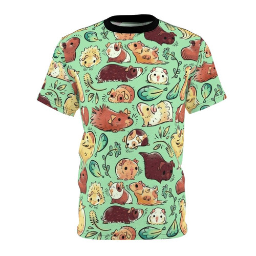 A colorful all-over-print t-shirt featuring a cute design of a group of guinea pigs huddled together.