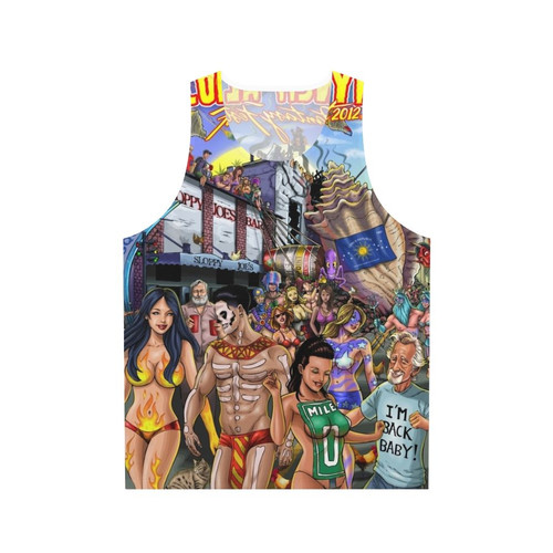 Unisex tank top with comic book-inspired superhero and sex toy design