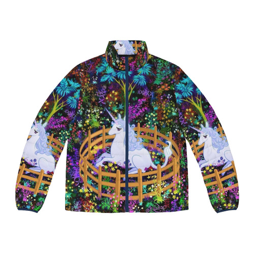 Puffer jacket featuring the last unicorn in captivity from the fantasy novel and film