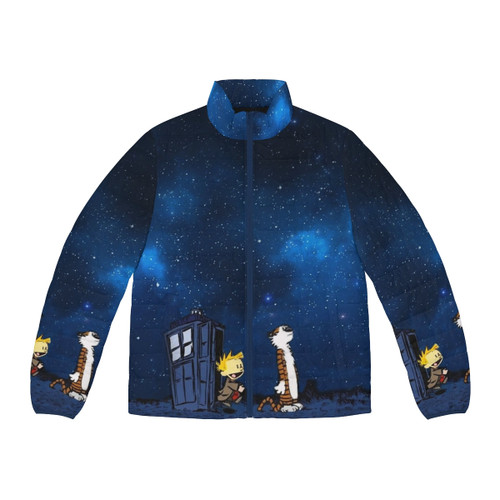 Calvin and Hobbes space-themed puffer jacket featuring characters from the beloved comic strip