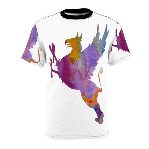 Colorful abstract silhouette design of a mythical gryphon creature on a t-shirt