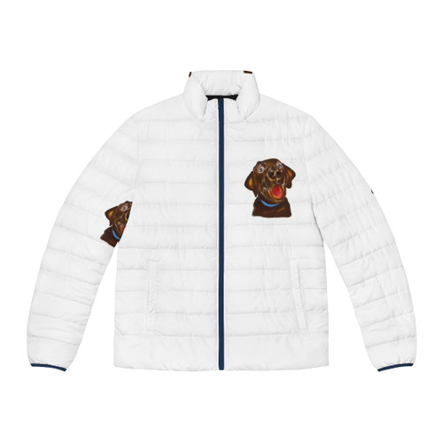 Stylish dog wearing a cozy puffer jacket with a t-shirt design