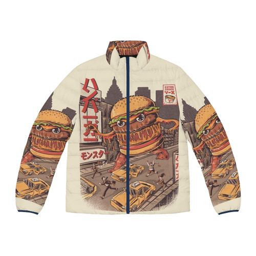 Burgerzilla Puffer Jacket - Anime-inspired puffer jacket with retro burger and kaiju design