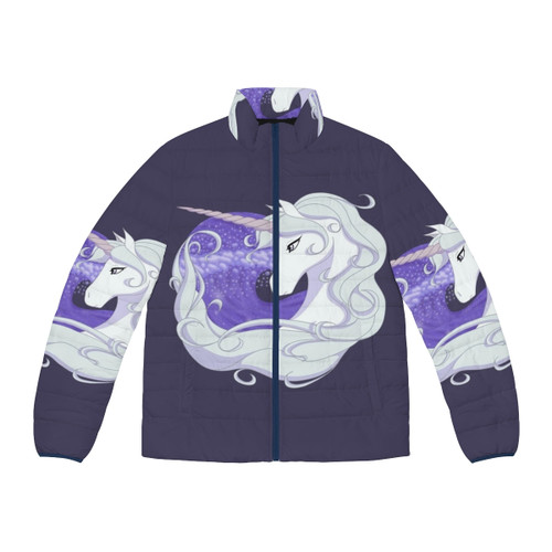 The Last Unicorn Puffer Jacket featuring a majestic unicorn swimming through the waves
